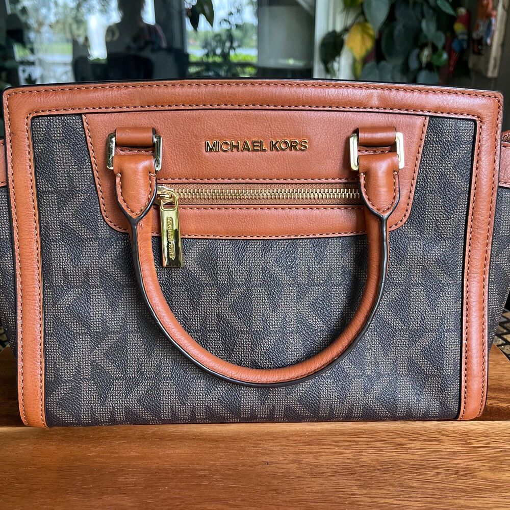 Michael Kors Selma Satchel Brown Monogram Print Leather Trim Gold Hardware